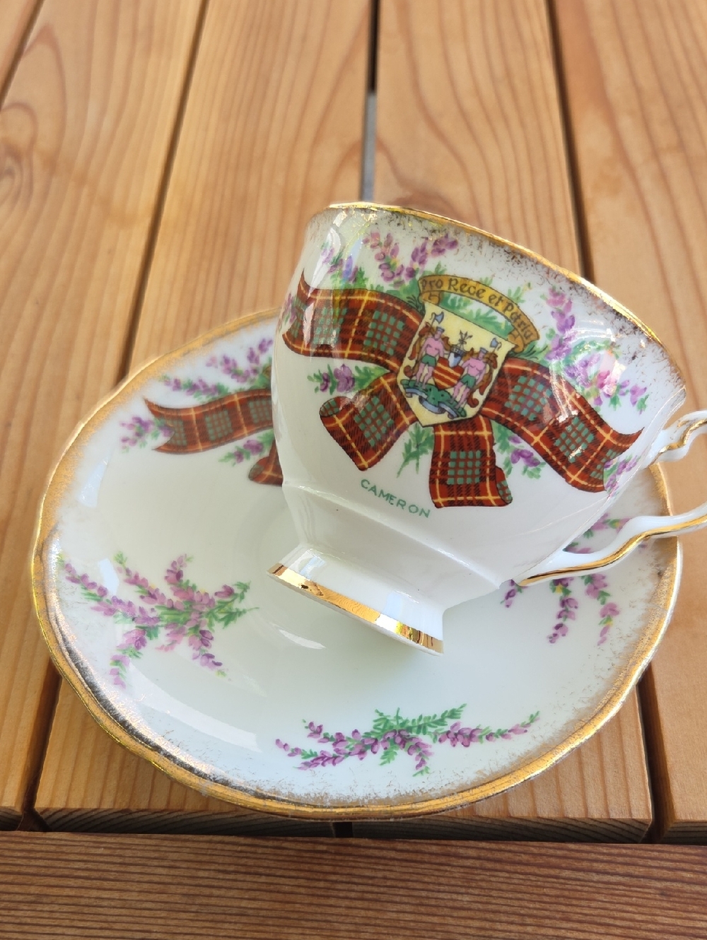Stafford Bone China Teacup with Purple Floral & Green Crest " Cameron"